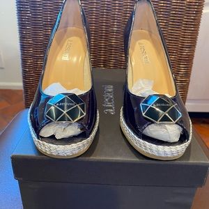 New! A. Testoni womens 3” black patent wedges. Size 37.5.